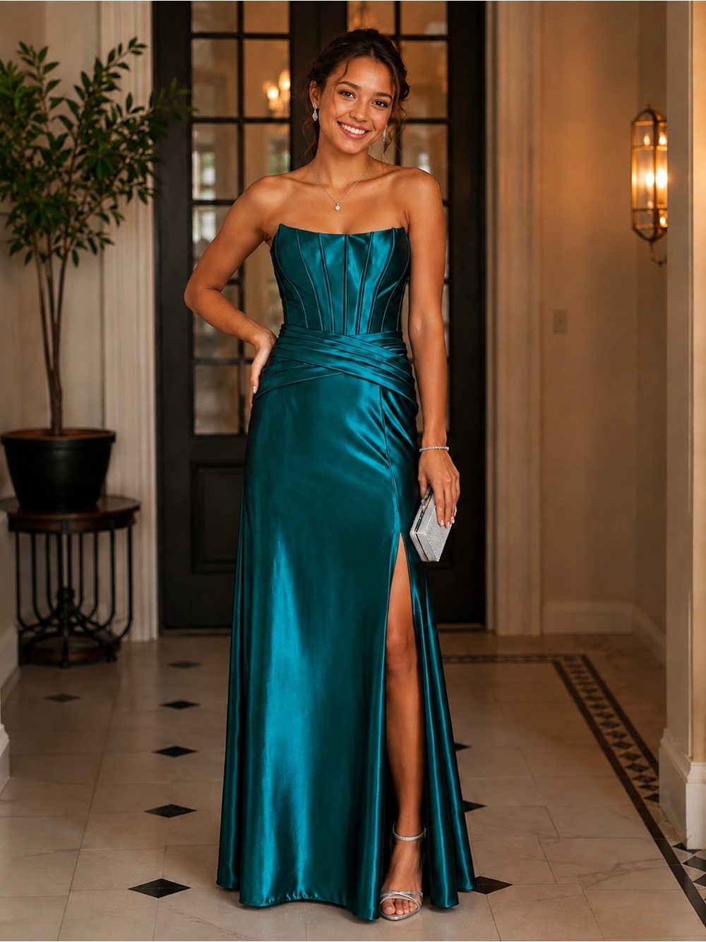 Jules & Cleo Teal Satin Corset Strapless Prom Formal Gown Size 6